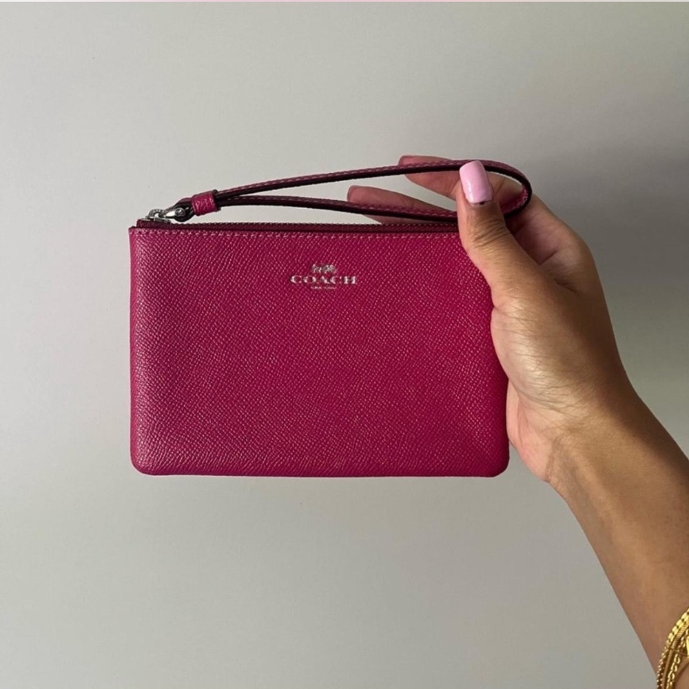 Coach Leather Wristlet – Hot Pink | Zip Pouch with Strap